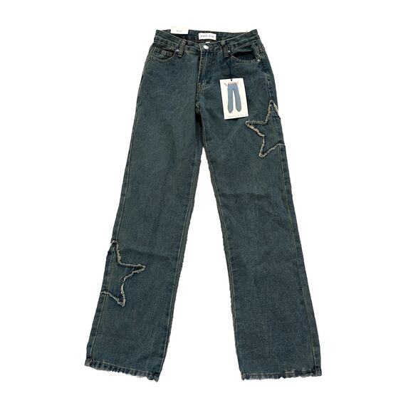 Angel Kiss Jeans Size 00 / 23 Juniors Star Patch high Rise Baggy Blue Denim - Picture 1 of 12
